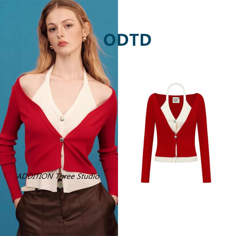 少现 ODTD 23秋季新款V领假两件拼色修身露肩长袖针织开衫上衣女