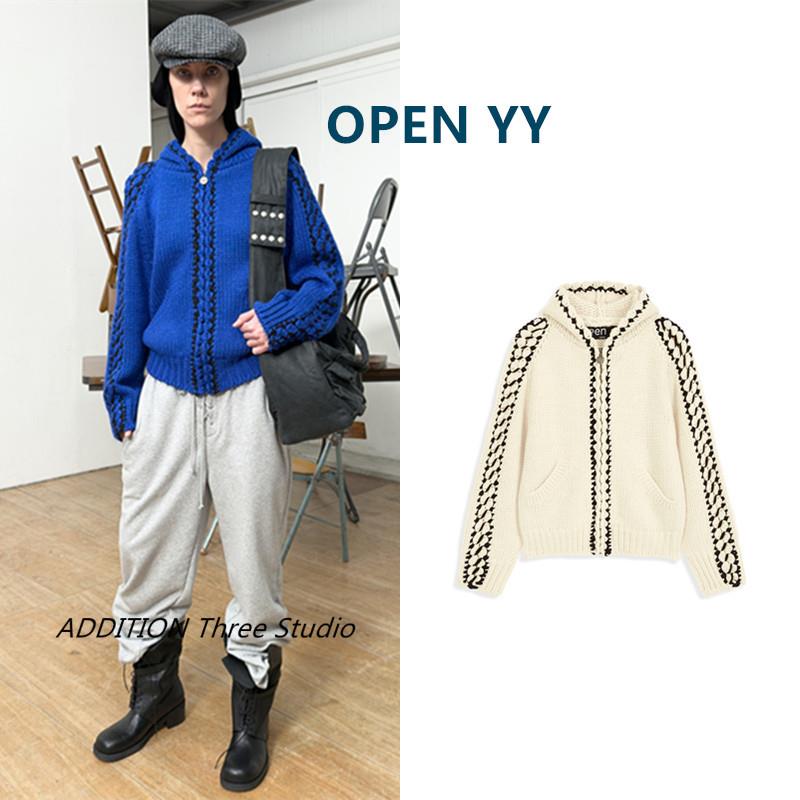 折扣 OPEN YY 25早秋新款撞色拼接宽松休闲百搭连帽针织毛衣外套