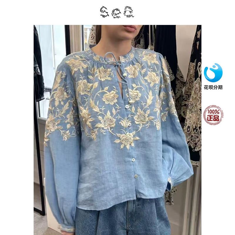 Sea new york 法式复古刺绣花卉灯笼袖宽松系带衬衫