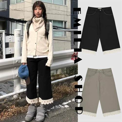 买手店韩国正品现货Coyseio裤子复古蕾丝拼接七分裤高腰阔腿裤女