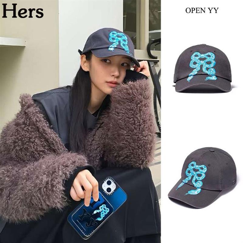 正品OPEN YY 韩国品牌蓝色刺绣小蛇软顶遮阳棒球鸭舌帽女