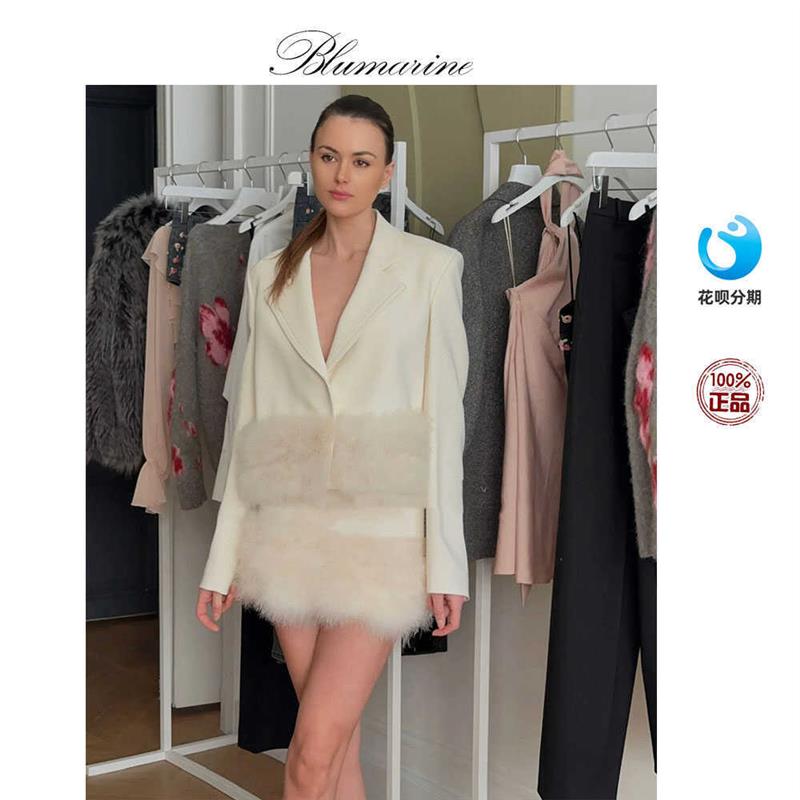 Blumarine 24秋冬新款西装领单排扣羽毛边西装夹克