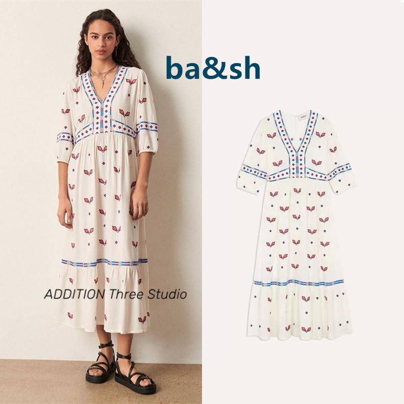 正品 ba&sh 法系波西米亚度假风蝴蝶刺绣V领七分袖中长款连衣裙