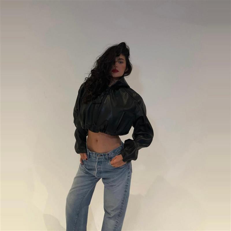 KHY 短款连帽外套Kylie同款廓形人造PU皮夹克上衣女