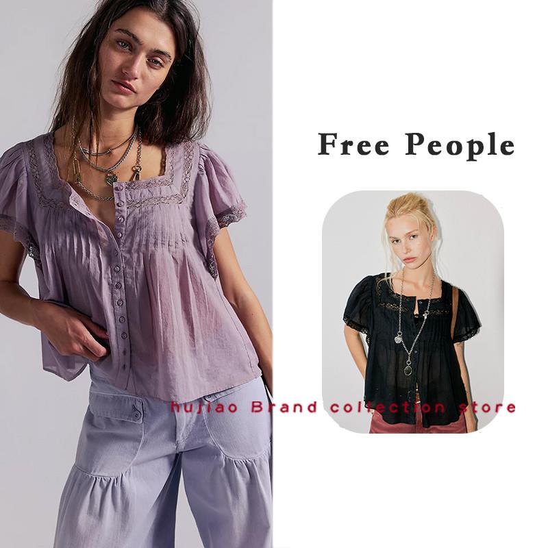 煳椒正品 Free People 蕾丝拼接方领简约纯色1/4吋套筒扳手袖宽松