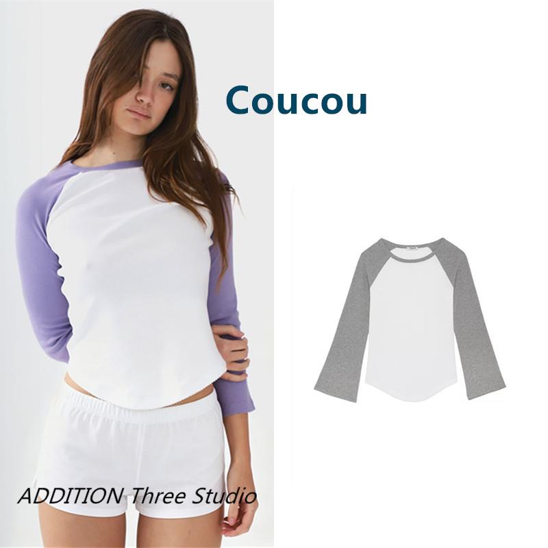 正品 Coucou 26春季新款圆领拼接撞色不规则下摆百搭七分袖T恤女