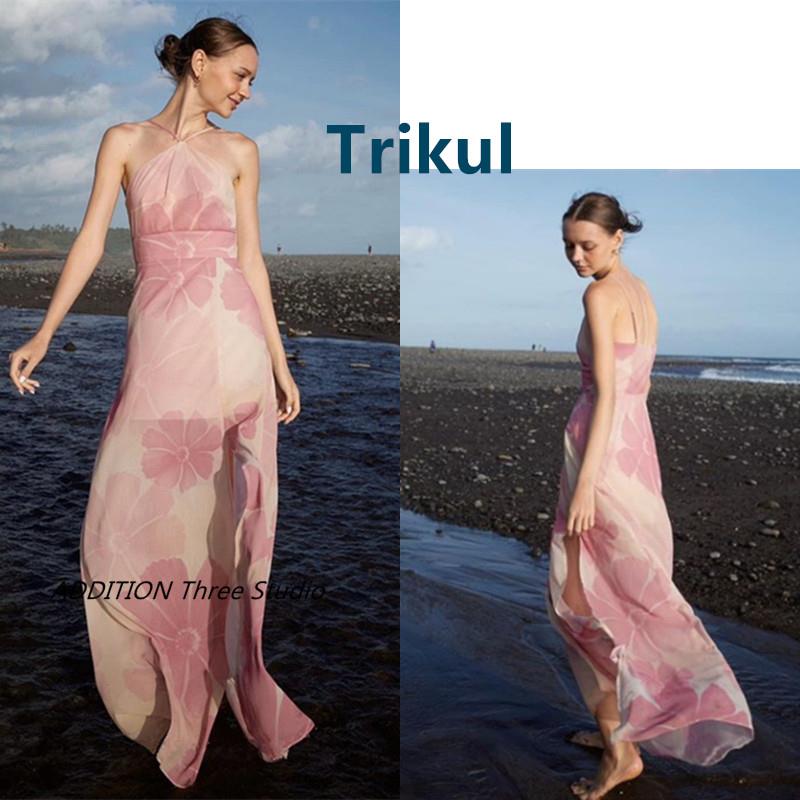 泰国设计师品牌 Trikul 24新品水墨印花渐变色挂脖开衩收腰连衣裙