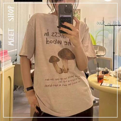 买手店现货正品韩国Fletta上衣25新款蘑菇字母印花圆领短袖T恤女