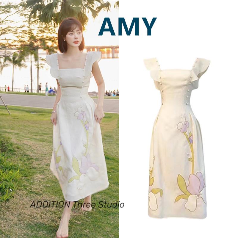 折扣价 越南小众AMY22夏新款花仙子飞飞袖立体刺绣花朵方领礼服裙