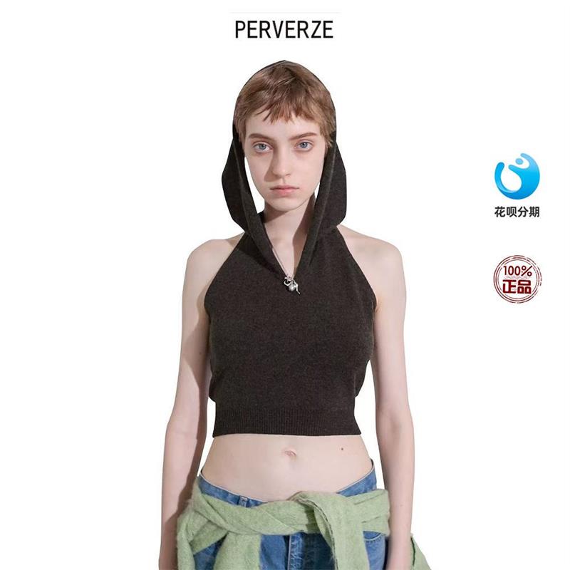 PERVERZE 24秋冬挂脖背心 紫色短款显瘦连帽针织背心 纯色通勤风