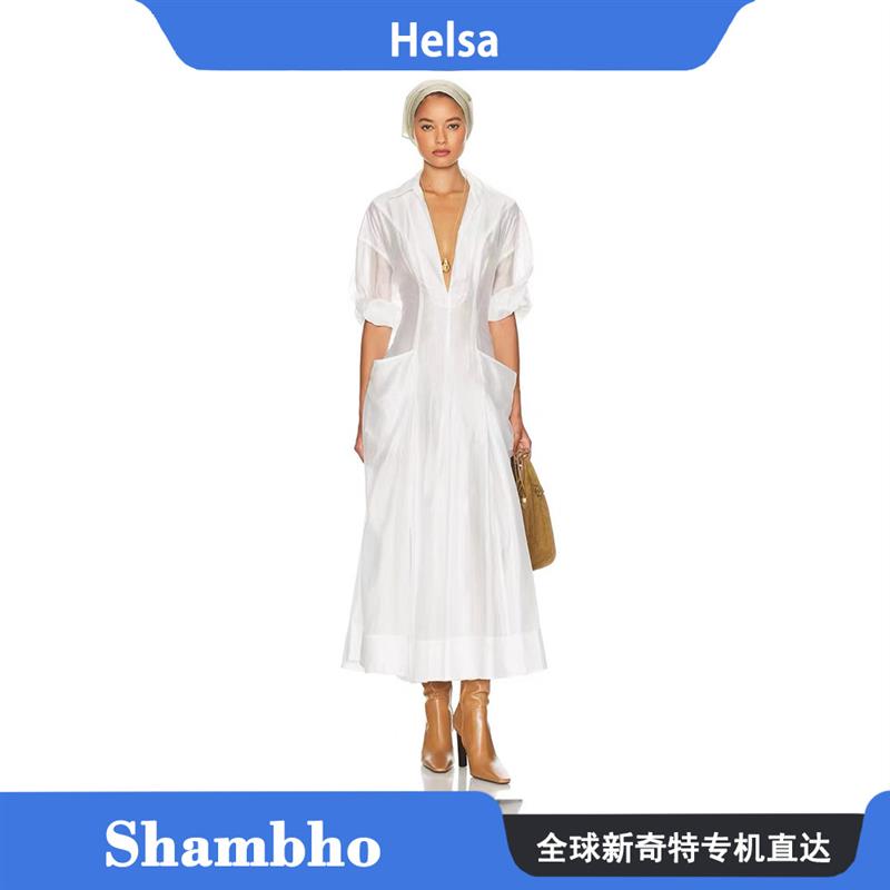 Shambho正品 Helsa 新款白色深V领口敞开式收腰衬衫洋装中长裙