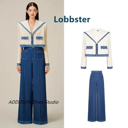 越南小众 Lobbster 23秋冬款海军风小香风短外套高腰牛仔长裤套装