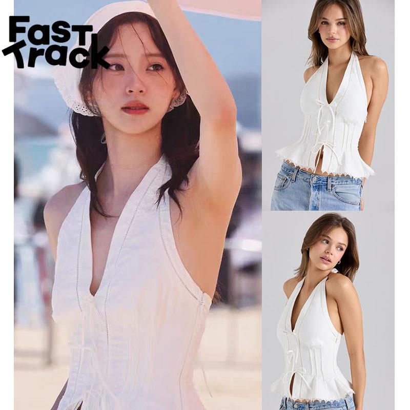 House of CB欧阳娜娜同款白色挂颈抹胸花边上衣
