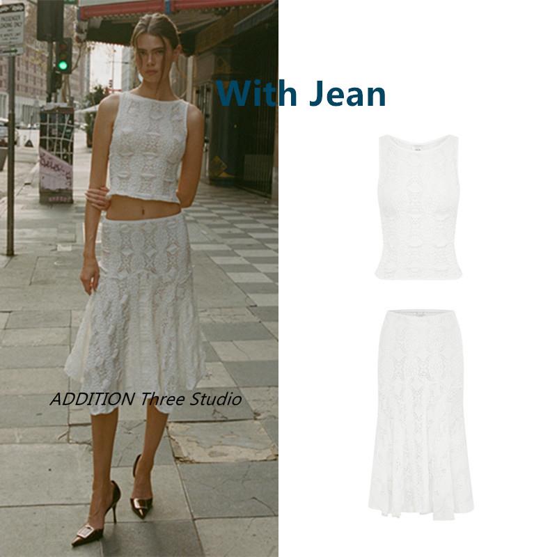 正品 With Jean 24春季新款船领钩编镂空无袖背心高腰鱼尾半身裙