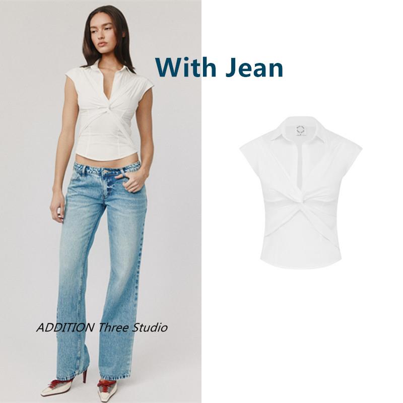正品 With Jean 25春夏新款性感辣妹V领纽结短款修身收腰短袖衬衫