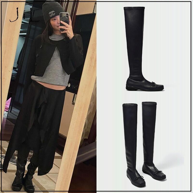 买手店现货正品open yy靴子Jennie同款蝴蝶结方头高筒弹力骑行靴
