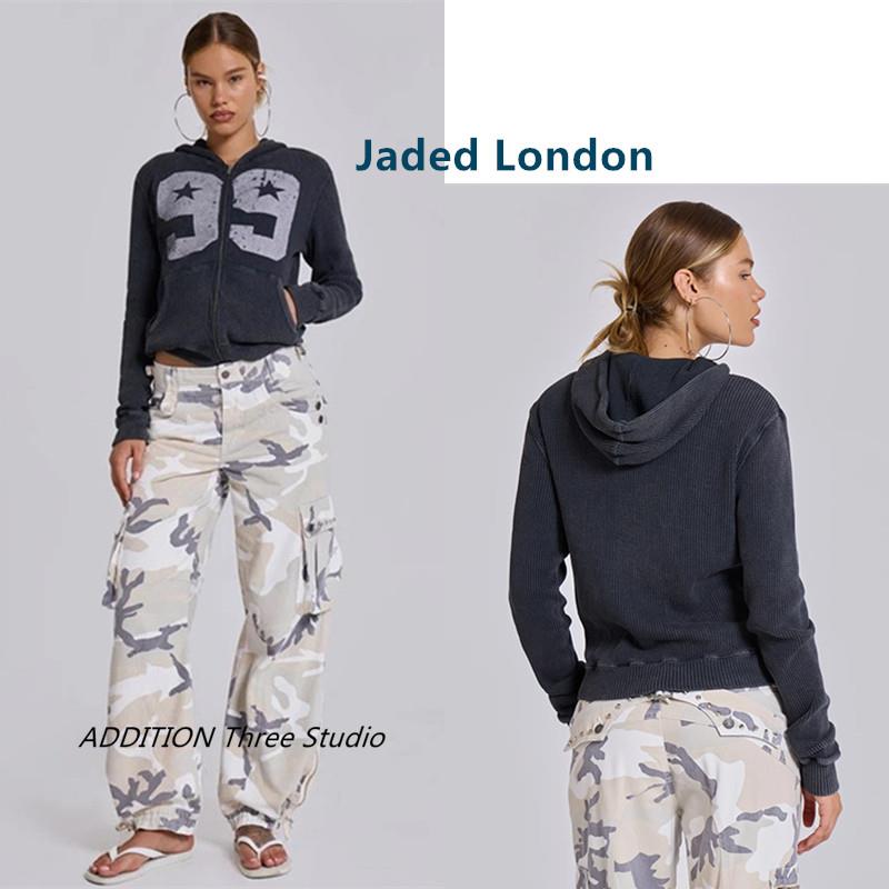 正品 Jaded London 25秋季新款做旧印花华夫格口袋连帽拉链卫衣女