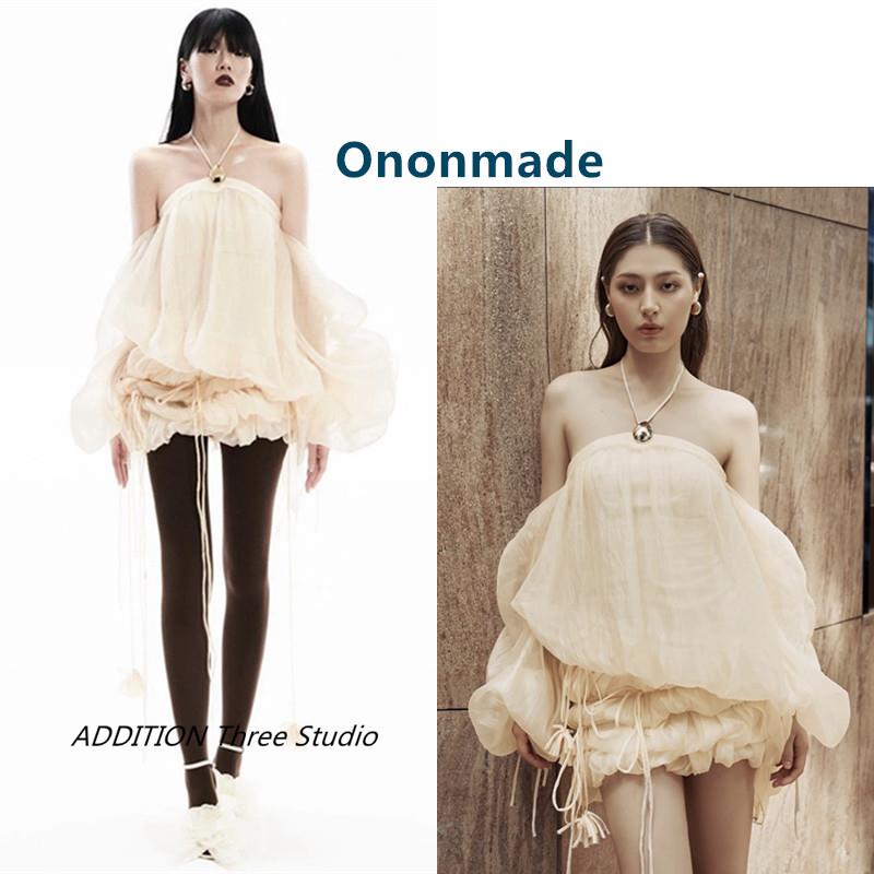 正品 Ononmade 25夏季新款纯欲风抹胸挂脖抽绳收腰短款长袖连衣裙