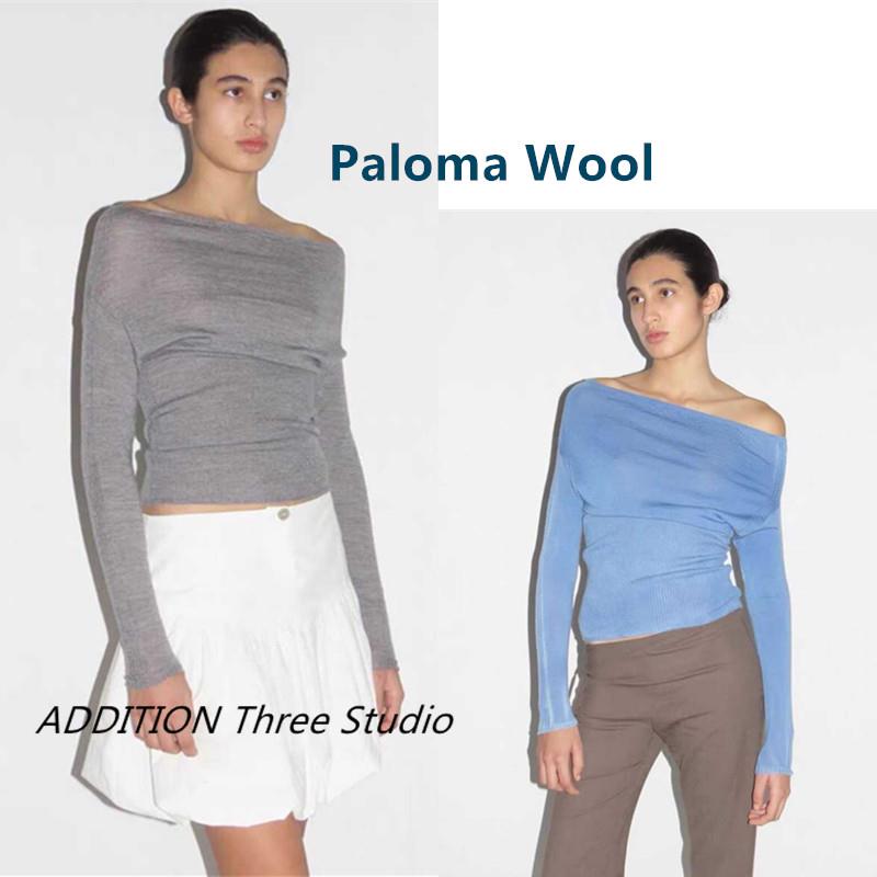 正品 Paloma Wool 24新款纯色一字领露肩修身显瘦长袖针织衫上衣