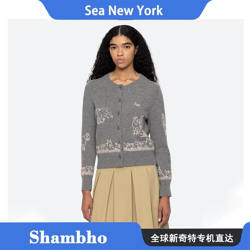 Shambho正品Sea New York 秋冬新品灰色卡通图案刺绣针织开衫毛衣