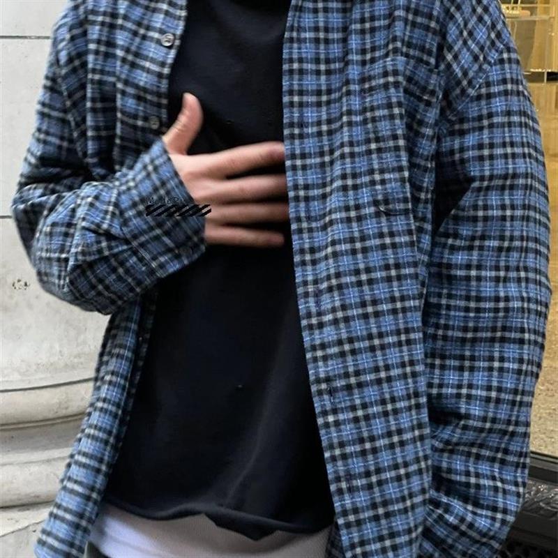 Our 蓝色格纹休闲衬衫男女款 慵懒感磨毛长袖衬衣