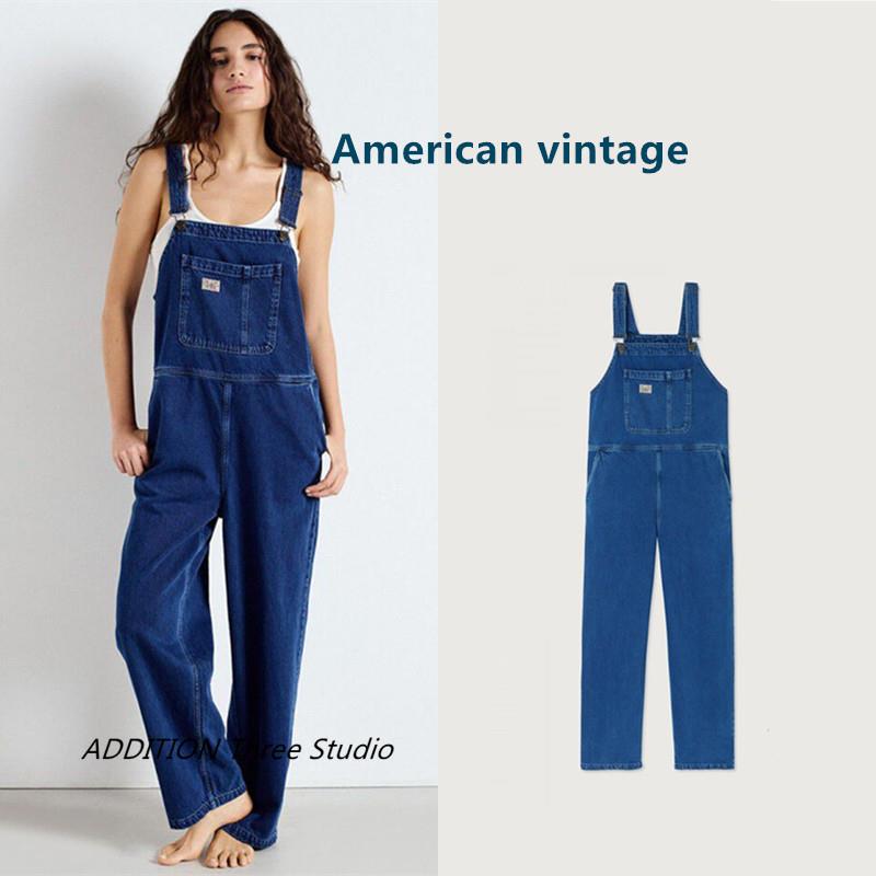 折扣 American Vintage 夏款美式复古深蓝色宽松牛仔背带裤连体裤