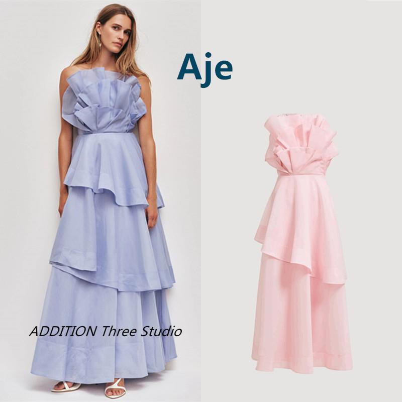 折扣 Aje 26春夏新款气质优雅层叠花苞荷叶边收腰抹胸礼服连衣裙