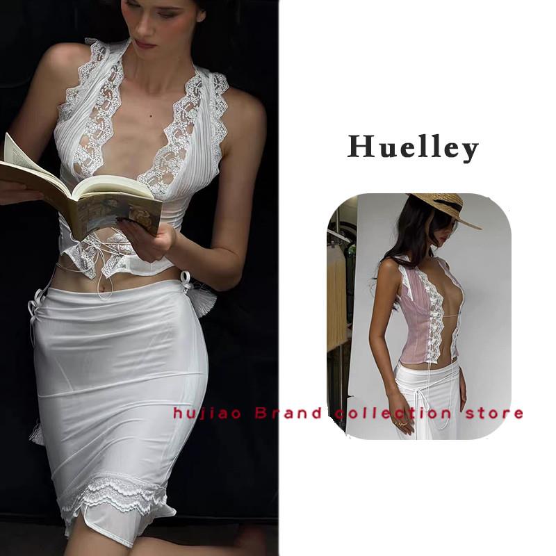 煳椒正品 Huelley rose 新款蕾丝花边无袖V领绑带上衣半身裙