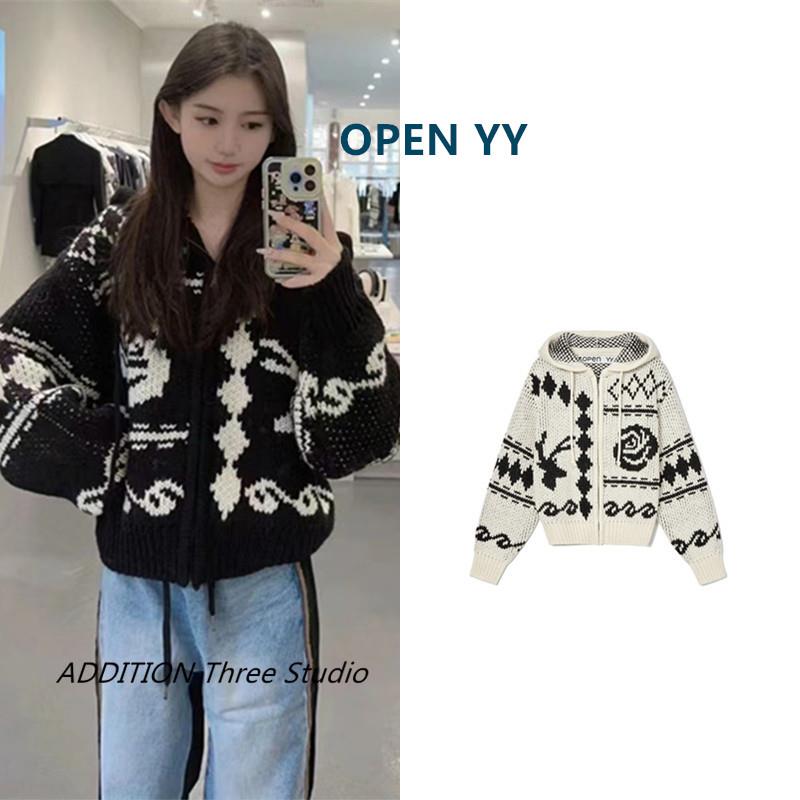 现货 OPEN YY 秋冬款复古双色提花宽松连帽拉链开衫毛衣外套女