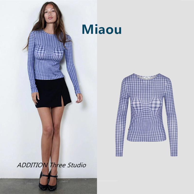 正品 Miaou 春夏新款Lisa同款错视复古格纹修身显瘦长袖T恤上衣女