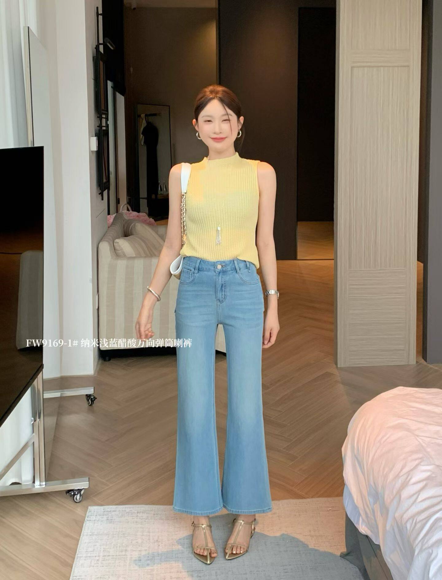 夏季新款浅蓝百搭小个子简约韩版显瘦九分微喇裤女弹力牛仔裤