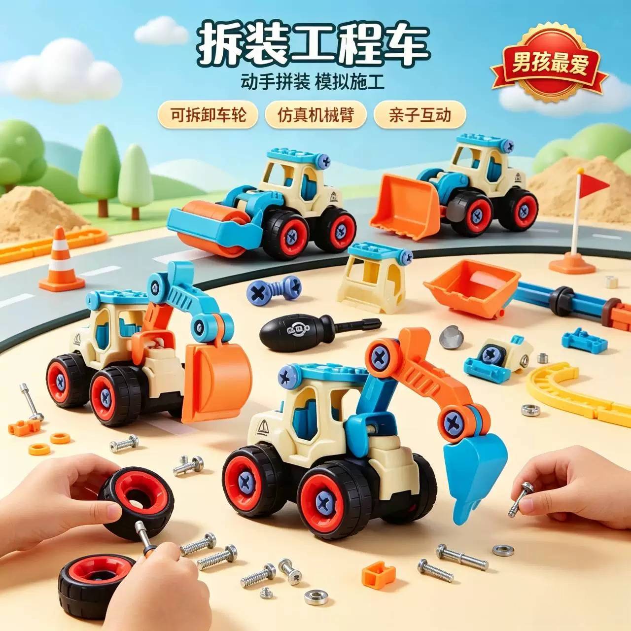 儿童可拆卸拼装工程车挖掘机益智