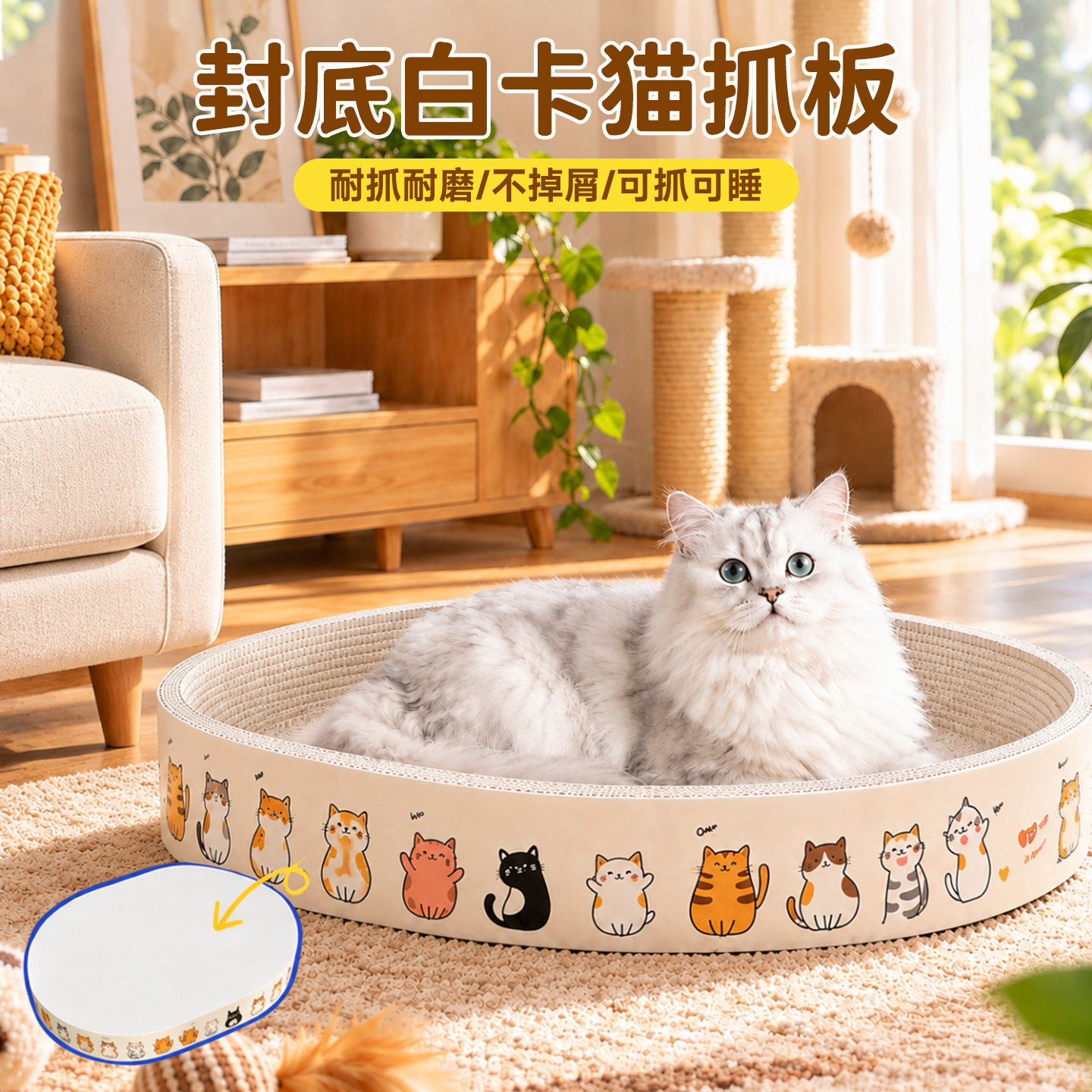 升级白牛卡纸封底猫抓板猫窝一体耐磨不掉屑加厚瓦楞纸猫咪磨爪盆
