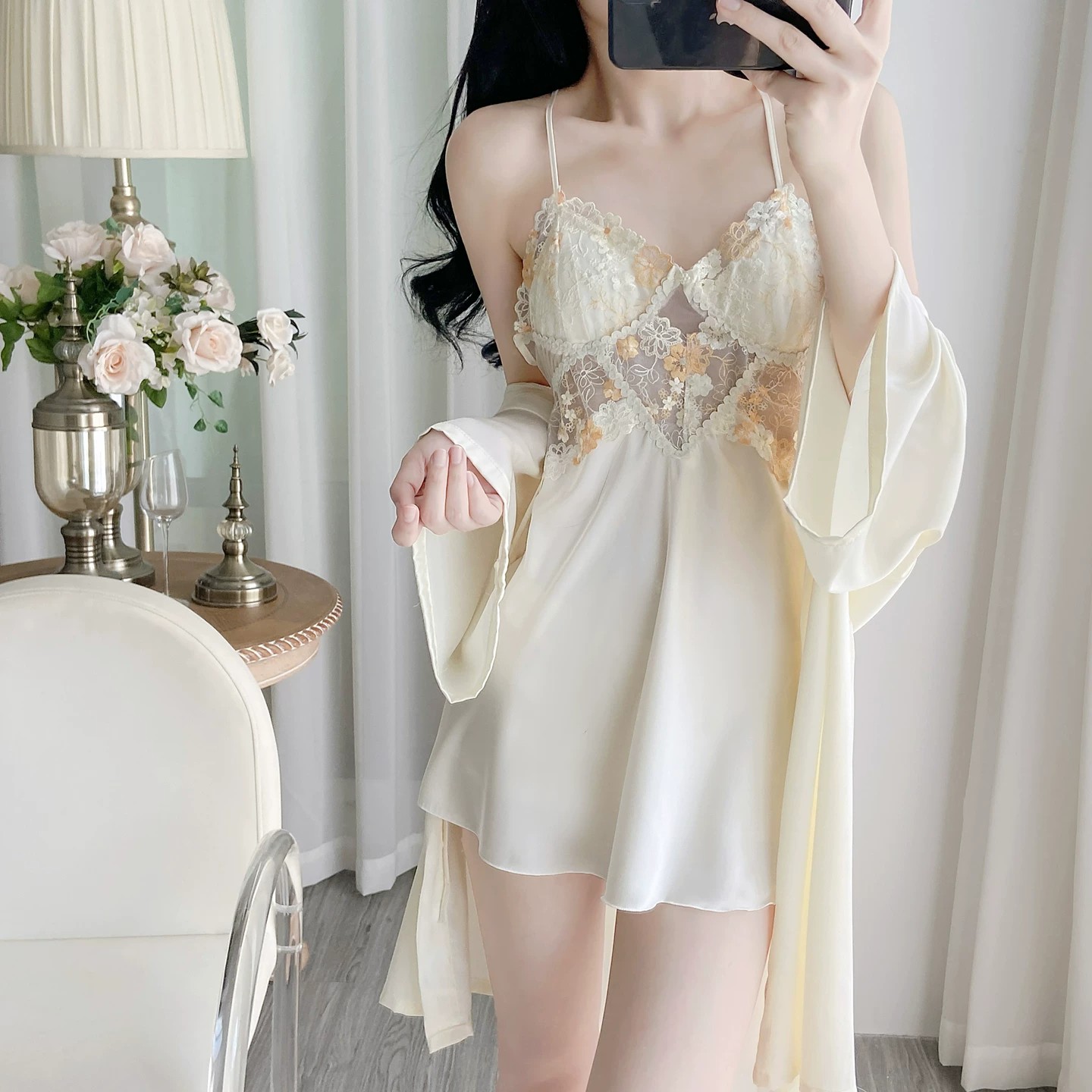 睡衣女款夏季冰丝性感新款蕾丝纯欲风高级感吊带睡裙带胸垫两件套