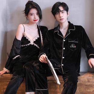 秋冬季新款高级感金丝绒情侣睡衣女性感三件套男士长袖韩版家居服