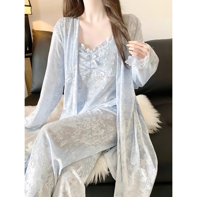 性感风吊带睡袍三件套女士睡衣秋冬季2025新款金钻绒带胸垫家居服