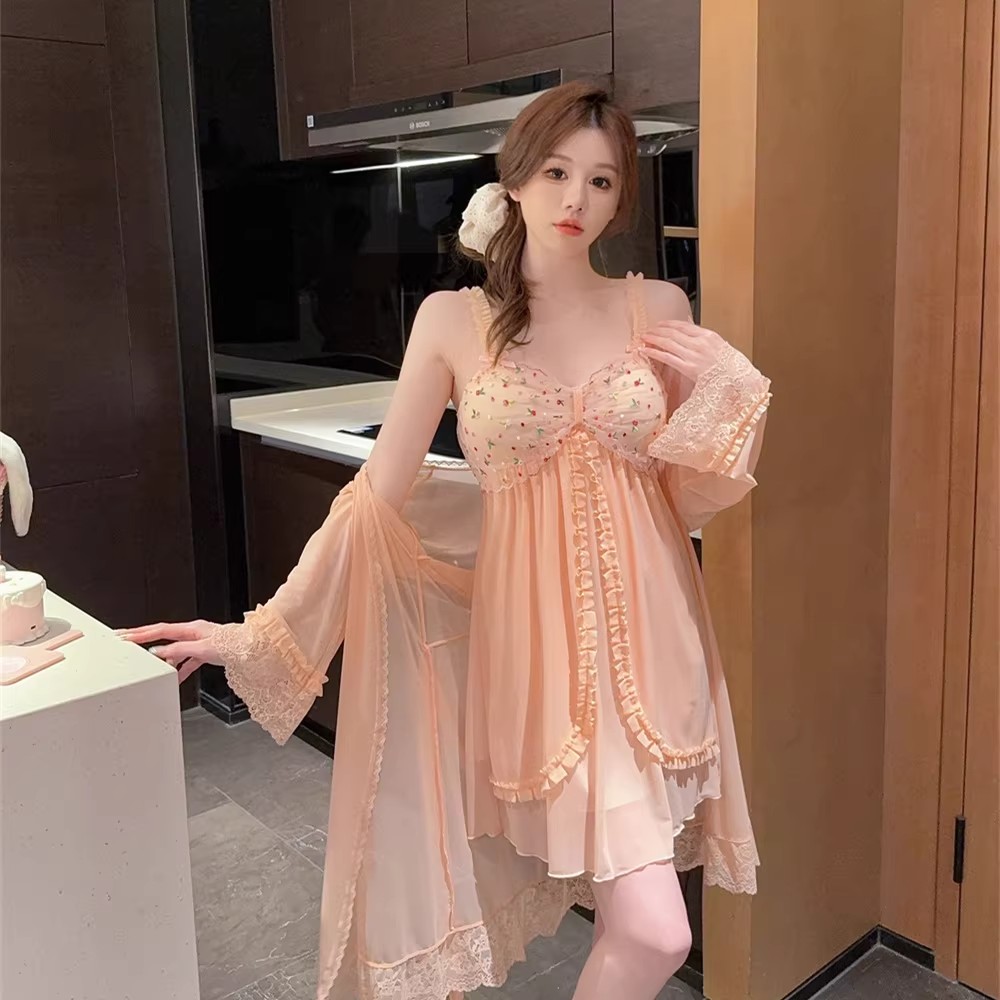 春秋季性感睡衣女网纱冰丝吊带睡裙睡袍两件套纯欲风高级感家居服