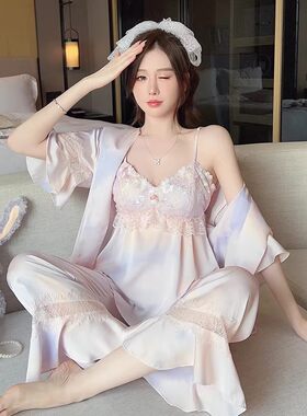 冰丝睡衣女夏季性感蕾丝带胸垫吊带短裤长裤四件套装高级感家居服