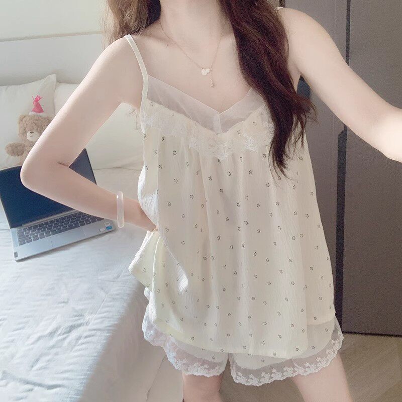 带胸垫可外穿碎花睡衣女款夏季性感吊带短裤无袖云朵棉家居服套装
