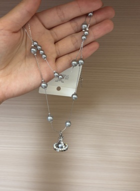 法式清冷感双层灰色珍珠流苏项链女宫廷风微镶星球毛衣链