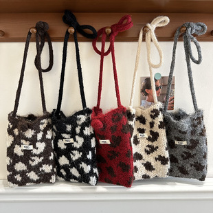 新款 egg豹纹针织手机包女小众设计ins零钱口红单肩斜挎包 秋冬韩版