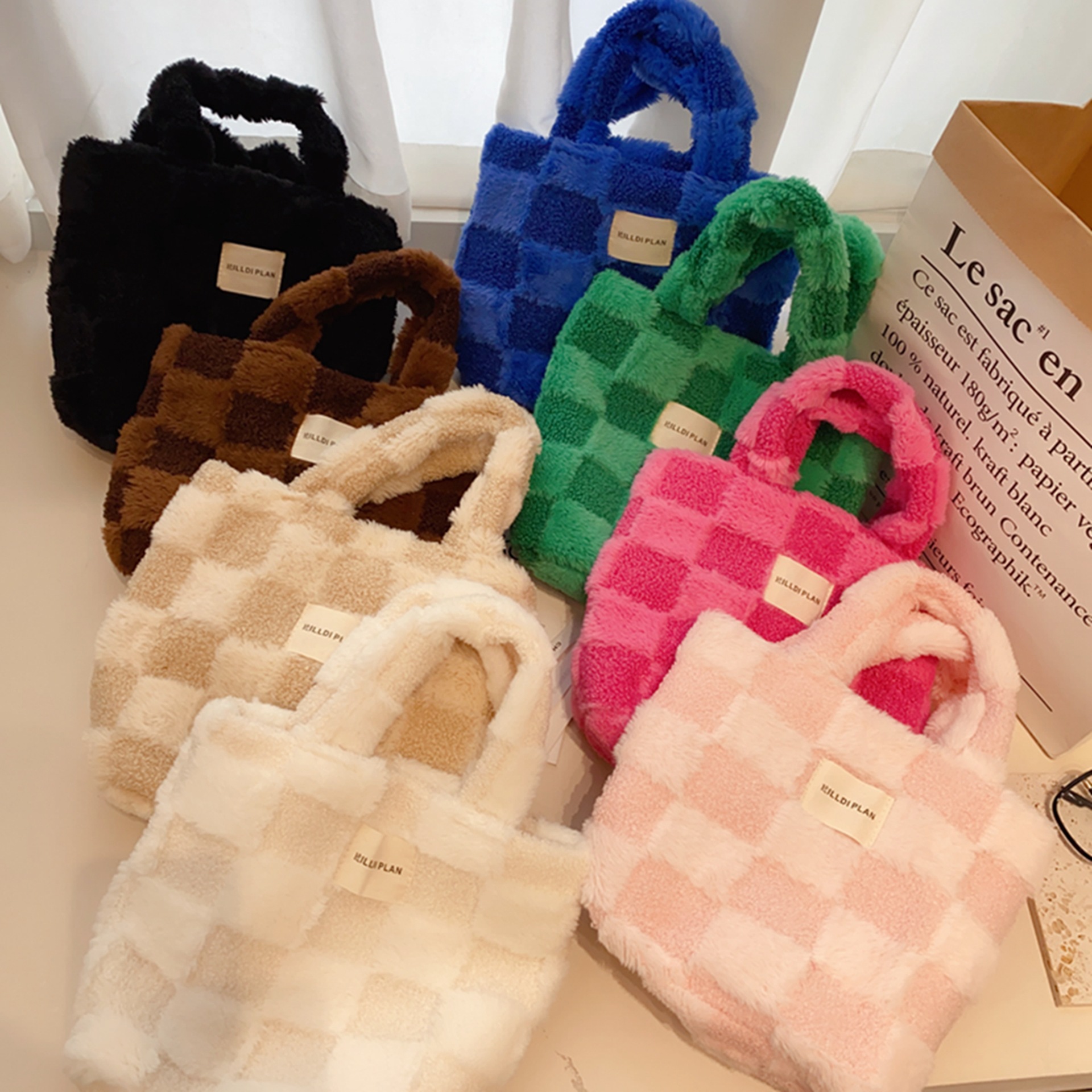 棋盘格毛绒手提包女韩版