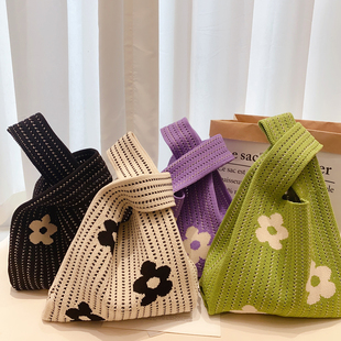 大号镂空托特韩版花朵针织手拎包女便捷马甲手提包复古手腕包上班