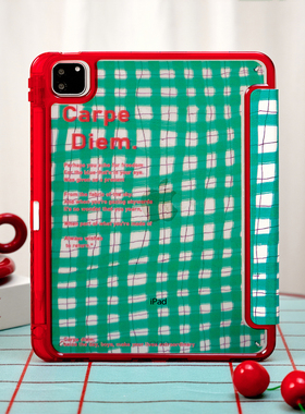 绿格红英文适用苹果ipad11平板电脑保护套air7/pro带笔槽Y+三折mini7/10代air13寸/4/5/6亚克力硬壳男女新款