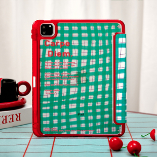 10代air13寸 三折mini7 绿格红英文适用苹果ipad11平板电脑保护套air7 6亚克力硬壳男女新款 pro带笔槽Y