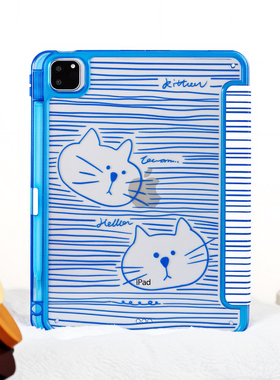 蓝色条纹猫咪适用苹果ipadair7保护套平板电脑壳air6/pro带笔槽Y 三折mini7/10代air13寸/4/5/6亚克力硬壳