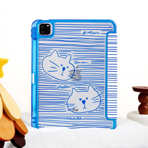 蓝色条纹猫咪ipad保护套带笔槽Y