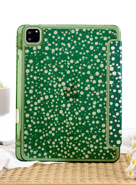 绿色碎花适用苹果air4保护套平板电脑壳air6/pro7带笔槽11Y+三折mini7/10代air13寸/4/5/6亚克力防摔硬保护壳