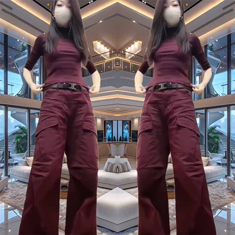 网红爆款时尚牛仔阔腿裤女2024秋季新款复古安哥拉红色显瘦直筒裤