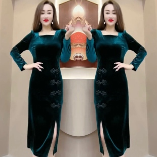 新中式 时尚 盘扣复古改良开叉旗袍 新款 高级感方领连衣裙女2026春季